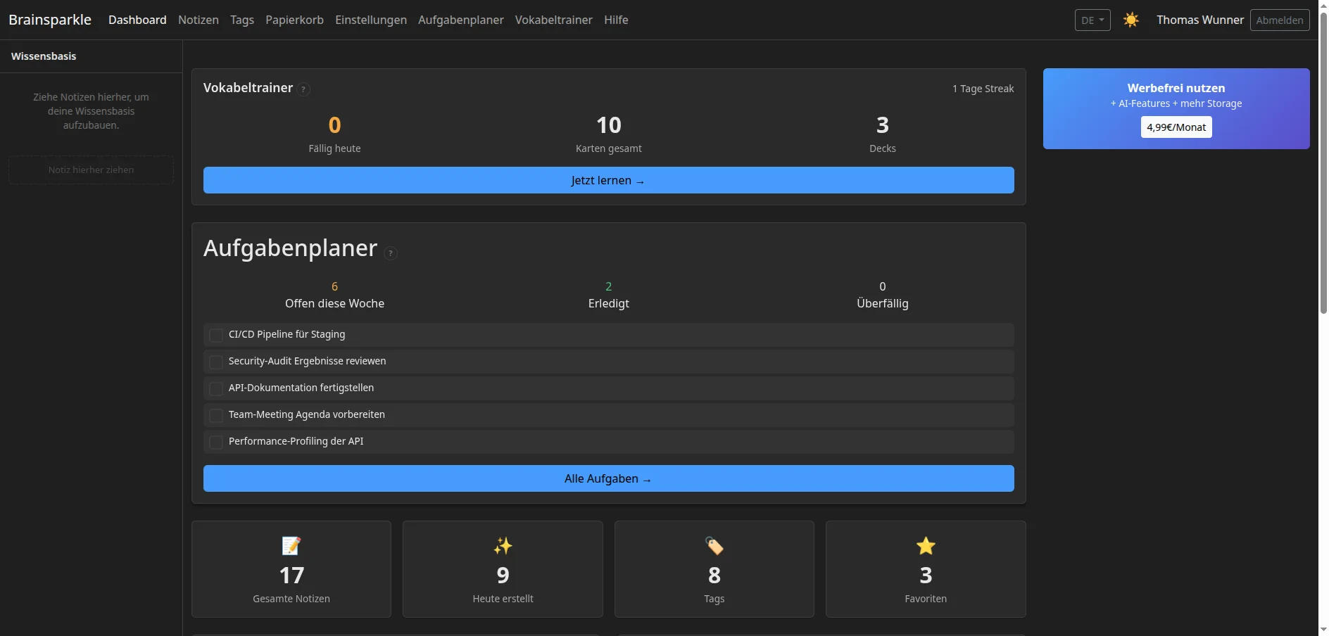 Brainsparkle-dashboard met statistieken, woordenschattrainer en takenplanner