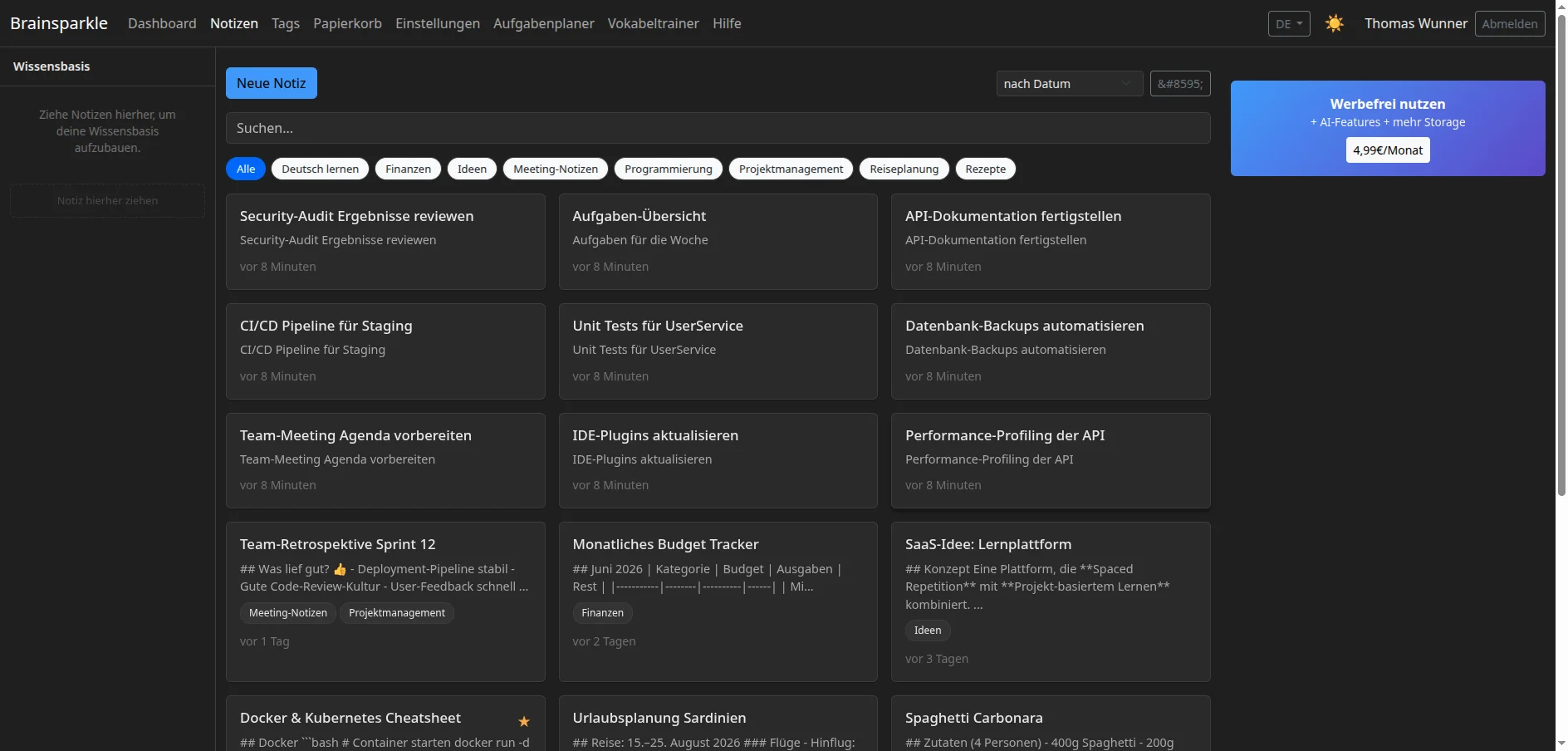 Brainsparkle-notitieoverzicht met tags en voorvertoning