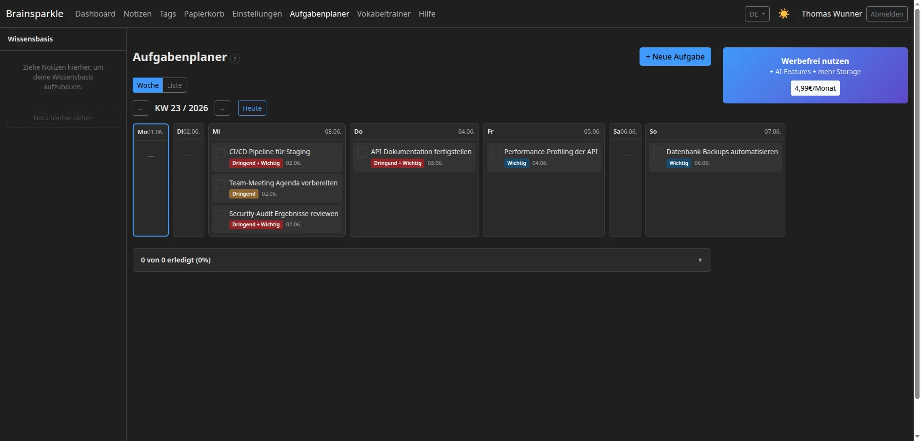 Brainsparkle-takenplanner met weekoverzicht en Eisenhower-matrix